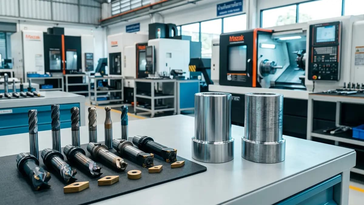 ภาพประกอบงาน CNC พร้อมเม็ดมีดและดอกเอ็นมิลคาร์ไบด์สำหรับการเทียบต้นทุน PILOT
